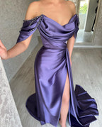Glamorous Long Purple Off-the-Shoulder Sleeveless Evening Party Gowns Long Slit Online