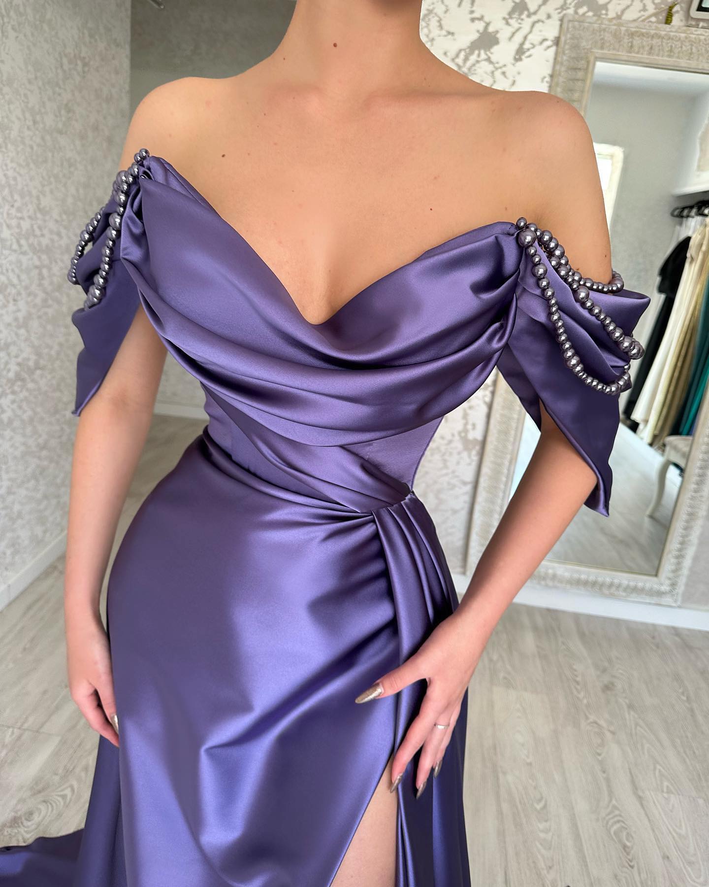 Glamorous Long Purple Off-the-Shoulder Sleeveless Evening Party Gowns Long Slit Online