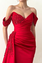 Glamorous Long Red Mermaid Off-the-Shoulder Lace Evening Party Gowns