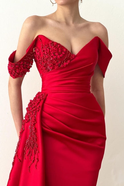Glamorous Long Red Mermaid Off-the-Shoulder Lace Evening Party Gowns