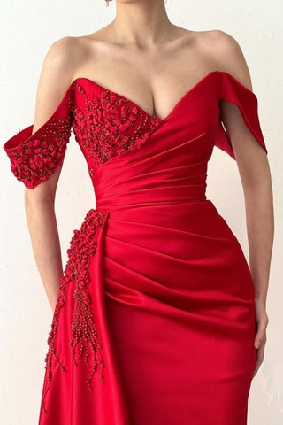 Glamurosos vestidos largos rojos de sirena con encaje y hombros descubiertos para fiestas de noche