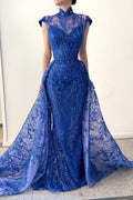 Glamorous Long Royal Blue High Neck Lace Sleeveless Prom Dress With Detachable Train