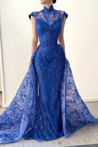 Robe de bal longue bleu roi glamour à col haut en dentelle sans manches avec traîne amovible