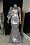 Robe de bal sirène longue argentée à une épaule, glamour et élégante