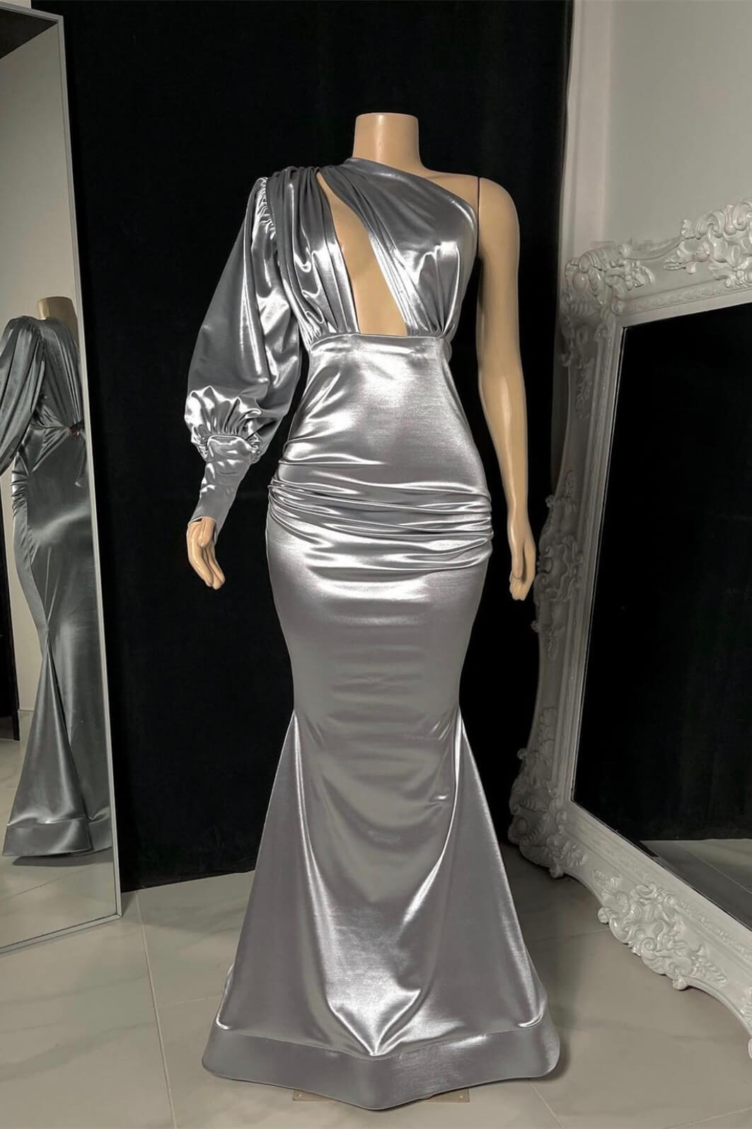 Robe de bal sirène longue argentée à une épaule, glamour et élégante