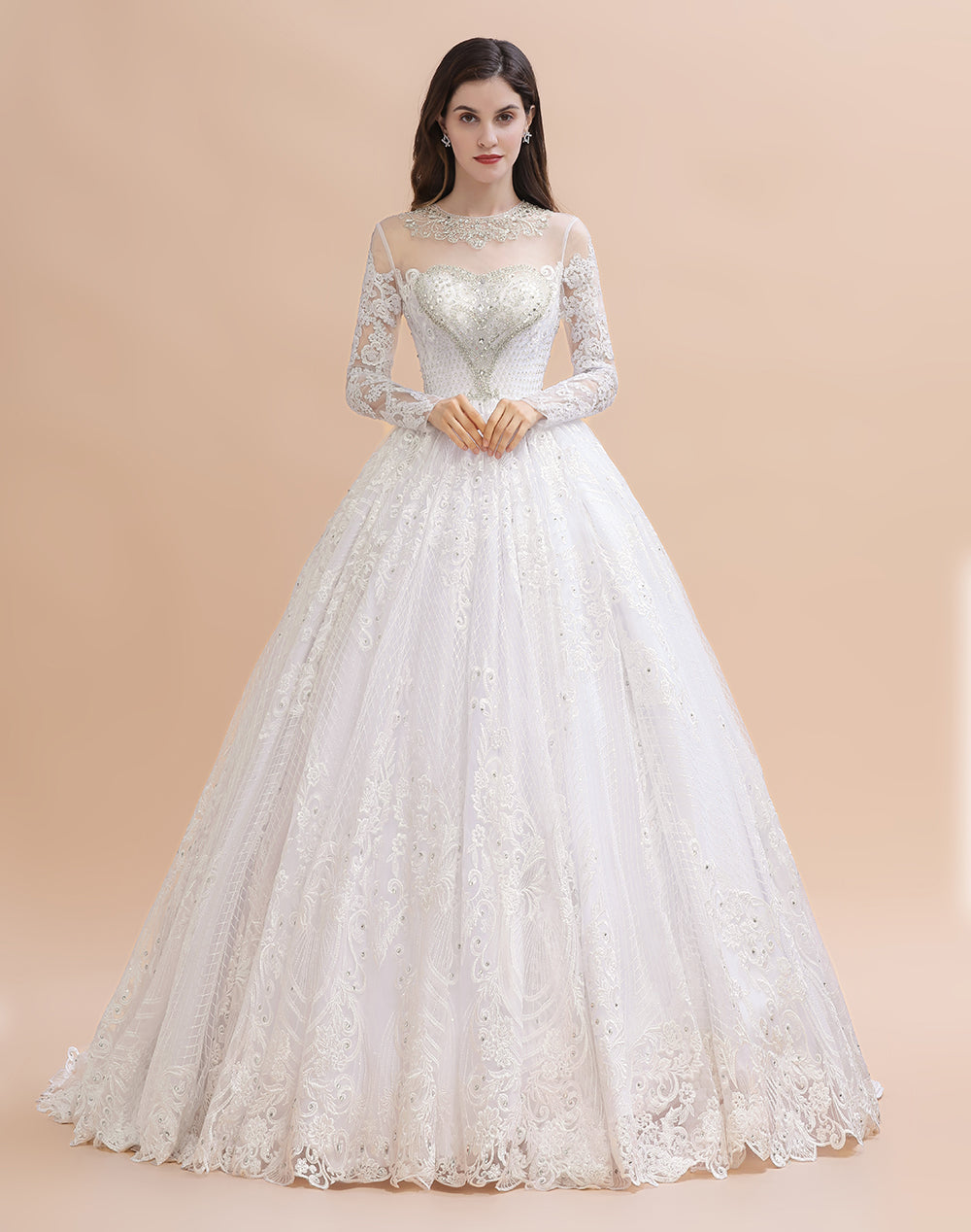 Vestido de novia glamuroso de manga larga con cuentas, apliques de encaje blanco/marfil 