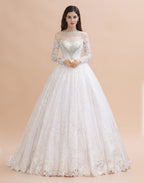 Vestido de novia glamuroso de manga larga con cuentas, apliques de encaje blanco/marfil 