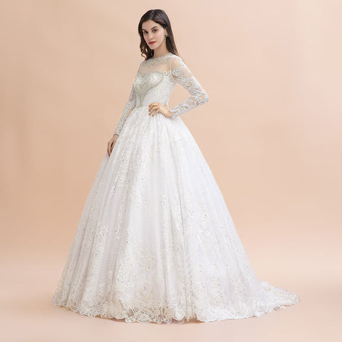 Vestido de novia glamuroso de manga larga con cuentas, apliques de encaje blanco/marfil 