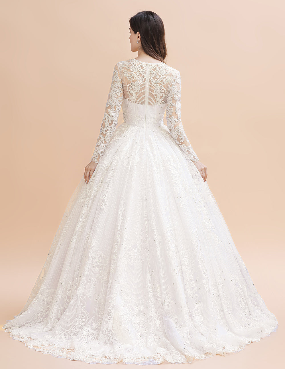 Vestido de novia glamuroso de manga larga con cuentas, apliques de encaje blanco/marfil 