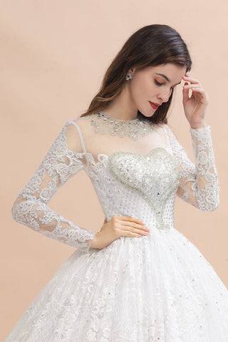 Vestido de novia glamuroso de manga larga con cuentas, apliques de encaje blanco/marfil 