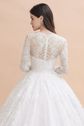 Vestido de novia glamuroso de manga larga con cuentas, apliques de encaje blanco/marfil 