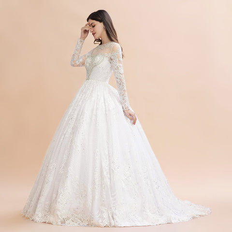 Vestido de novia glamuroso de manga larga con cuentas, apliques de encaje blanco/marfil 