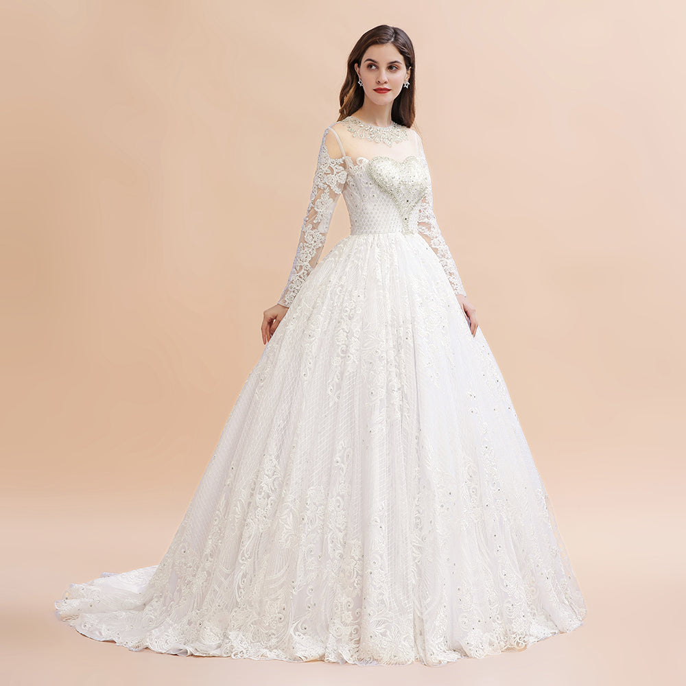 Vestido de novia glamuroso de manga larga con cuentas, apliques de encaje blanco/marfil 