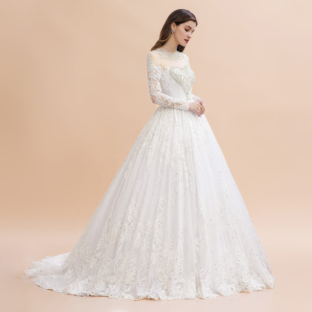 Vestido de novia glamuroso de manga larga con cuentas, apliques de encaje blanco/marfil 