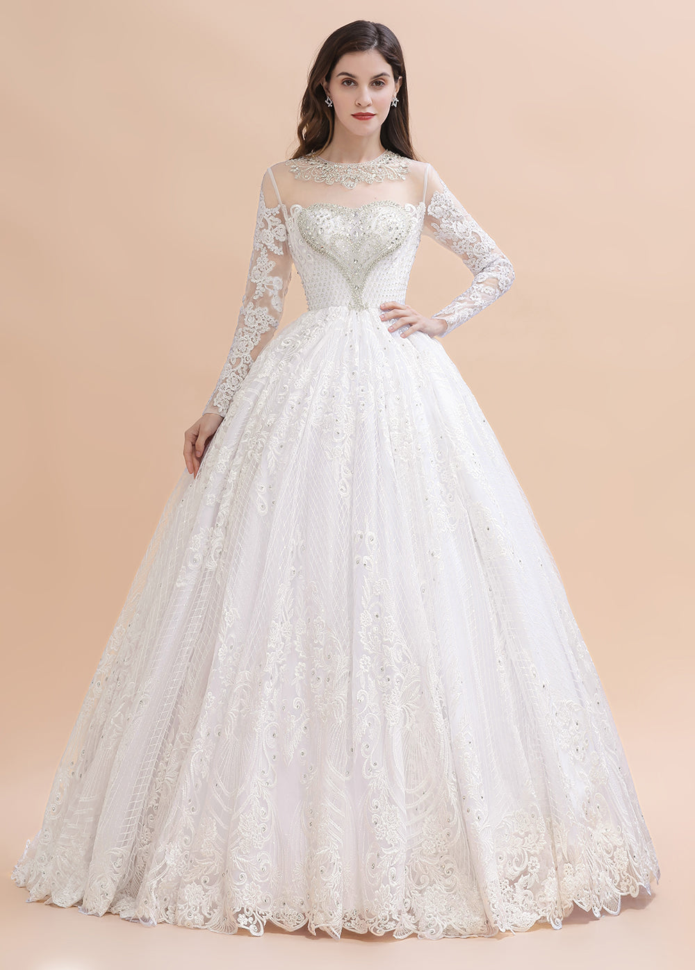 Vestido de novia glamuroso de manga larga con cuentas, apliques de encaje blanco/marfil 
