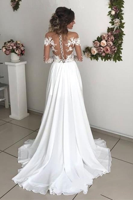 Robes de mariée glamour en dentelle à manches longues | Robes de mariée en mousseline avec fente 