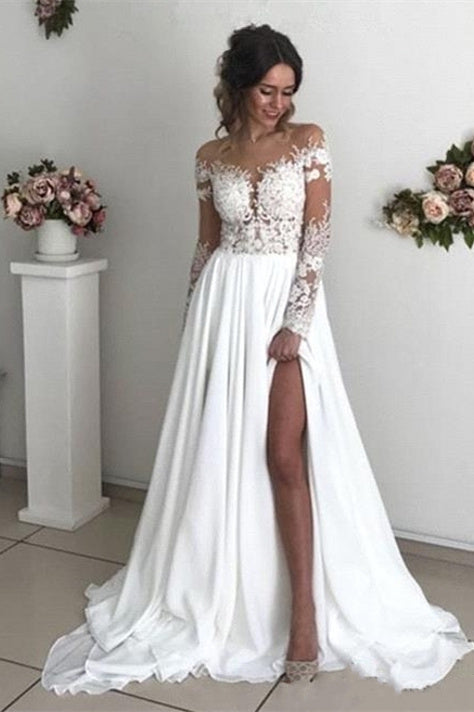 Robes de mariée glamour en dentelle à manches longues | Robes de mariée en mousseline avec fente 