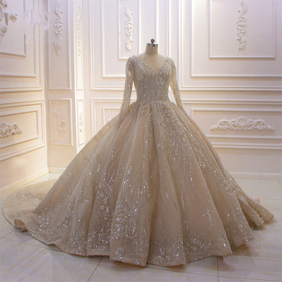 Vestido de novia de gala con lentejuelas, escote en V, manga larga y elegante