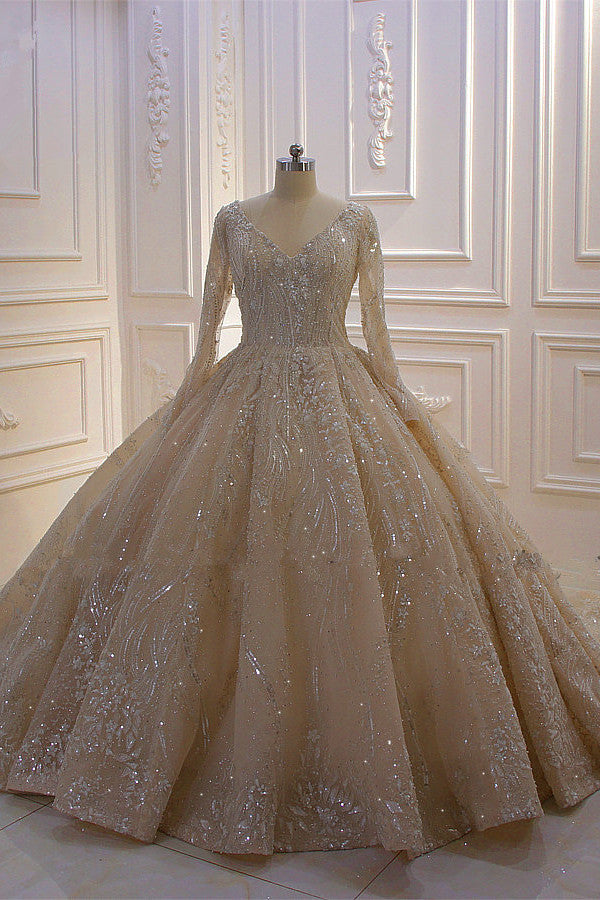 Vestido de novia de gala con lentejuelas, escote en V, manga larga y elegante
