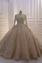 Vestido de novia de gala con lentejuelas, escote en V, manga larga y elegante