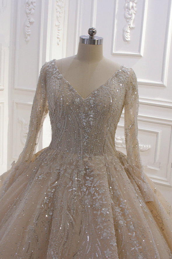 Vestido de novia de gala con lentejuelas, escote en V, manga larga y elegante