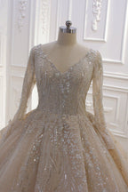 Vestido de novia de gala con lentejuelas, escote en V, manga larga y elegante