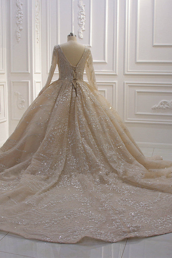 Vestido de novia de gala con lentejuelas, escote en V, manga larga y elegante