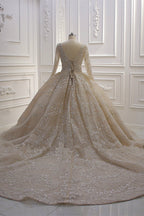 Vestido de novia de gala con lentejuelas, escote en V, manga larga y elegante