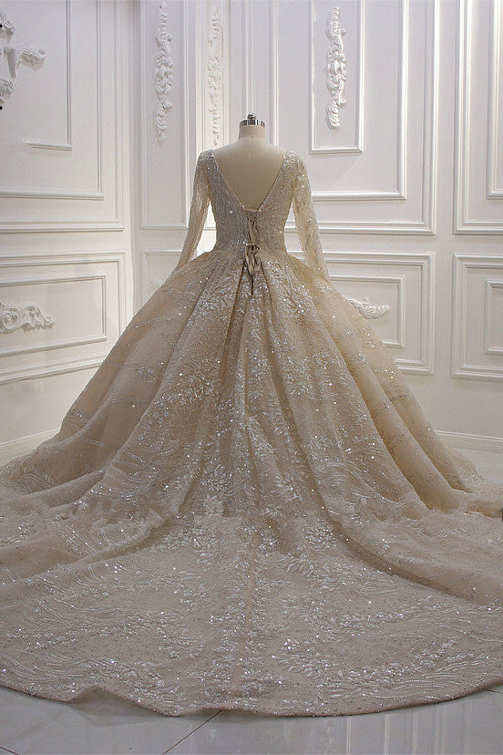 Vestido de novia de gala con lentejuelas, escote en V, manga larga y elegante