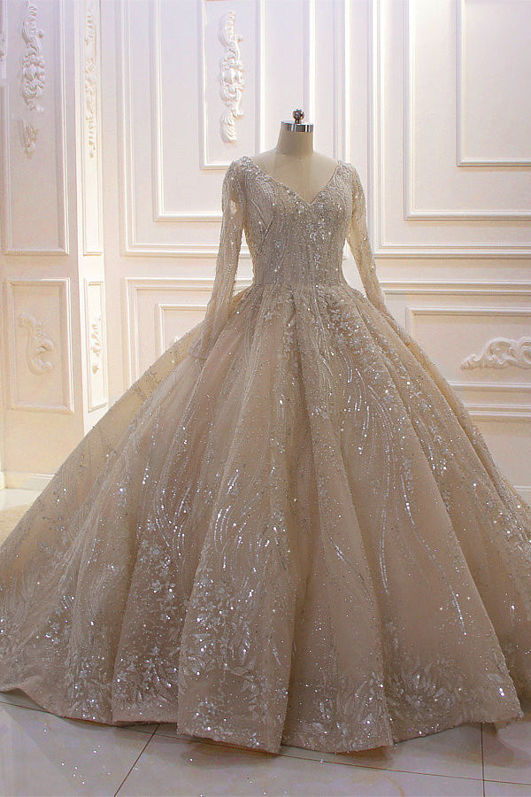 Vestido de novia de gala con lentejuelas, escote en V, manga larga y elegante