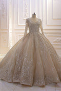 Vestido de novia de gala con lentejuelas, escote en V, manga larga y elegante