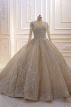Vestido de novia de gala con lentejuelas, escote en V, manga larga y elegante