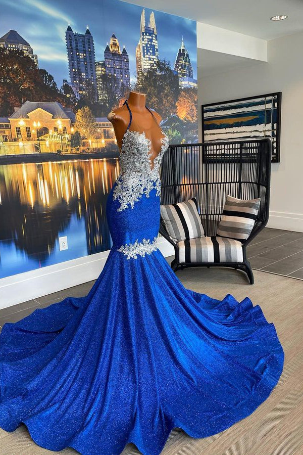 Robe de bal sirène longue et glamour sans manches, dos nu, avec perles
