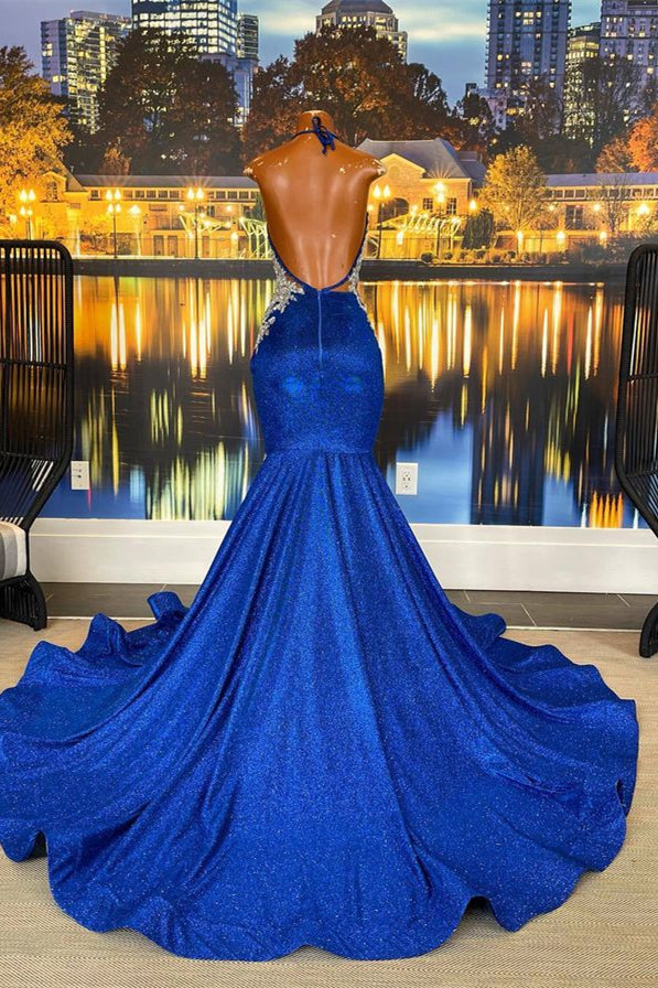 Robe de bal sirène longue et glamour sans manches, dos nu, avec perles