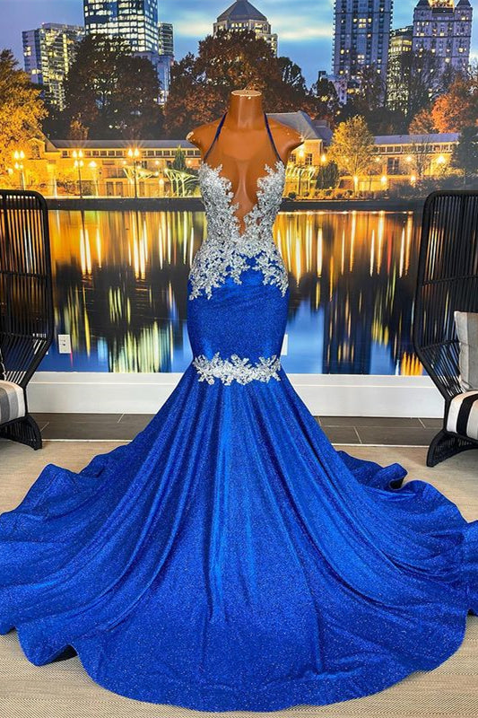 Robe de bal sirène longue et glamour sans manches, dos nu, avec perles