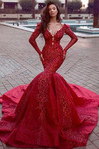 Glamorous Long Sleeves Mermaid Evening Dresses with Train Backless Lace Crystal Prom Dresses