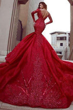 Glamorous Long Sleeves Mermaid Evening Dresses with Train Backless Lace Crystal Prom Dresses