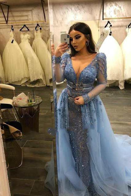 Glamorous Long Sleeves V-Neck Lace Beadings Mermaid Prom Dresses with Over Skirt