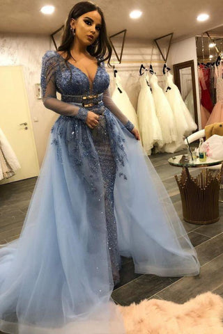 Vestidos de fiesta de sirena con encaje, escote en V, mangas largas y elegantes, con sobrefalda y detalles de pedrería.