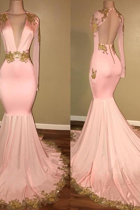Glamorous Long Sleevess V-Neck Formal DressesMermaid With Gold Crystal