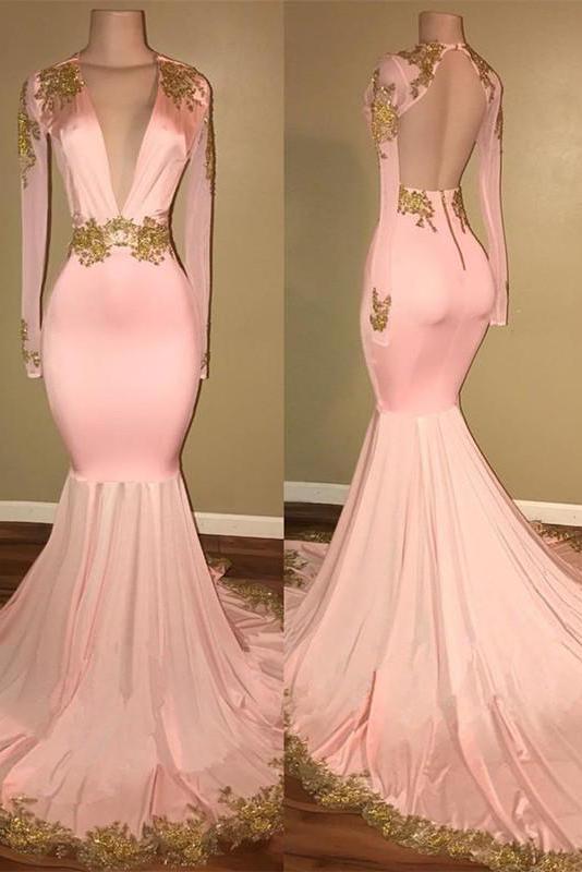 Glamorous Long Sleevess V-Neck Formal DressesMermaid With Gold Crystal