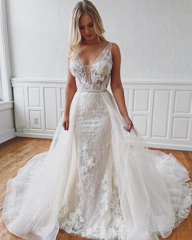 Vestidos de novia de sirena con encaje, escote en V y tirantes largos, glamurosos y desmontables