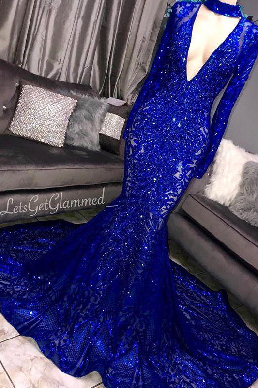 Glamorous Mermaid Long Sleeves Sexy Deep V-Neck Lace Applique Prom Dresses