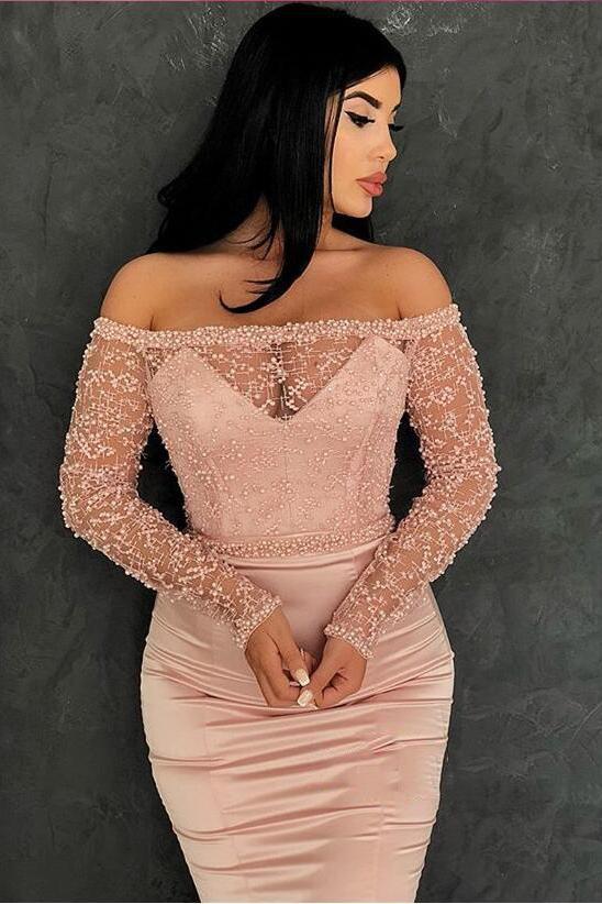 Glamorous Mermaid Off-the-Shoulder Prom Gowns Long Sleevess Lace Evening Dresses