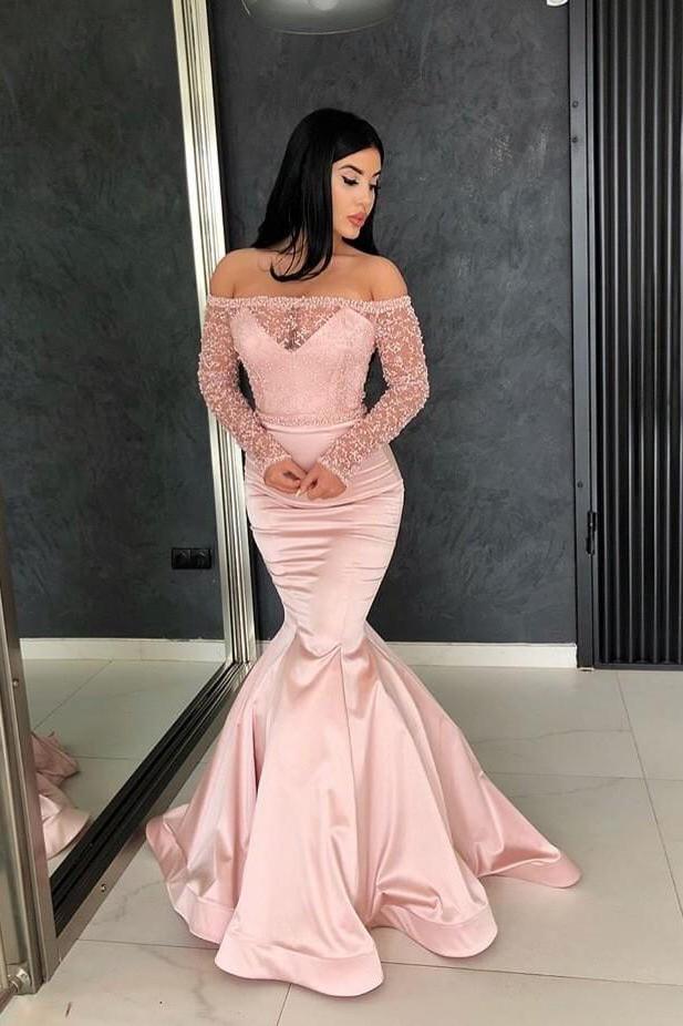 Glamorous Mermaid Off-the-Shoulder Prom Gowns Long Sleevess Lace Evening Dresses