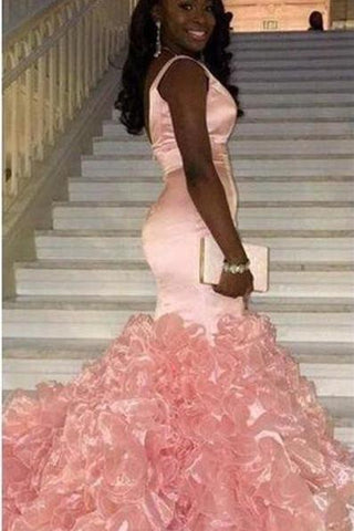 Vestidos de fiesta rosas sin mangas con volantes y escote en V, estilo sirena glamuroso