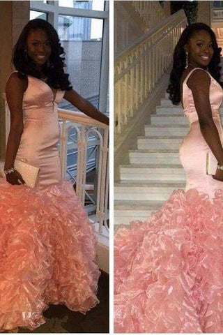 Vestidos de fiesta rosas sin mangas con volantes y escote en V, estilo sirena glamuroso