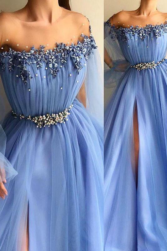 Glamorous Off-The-Shoulder Appliques Tulle A-Line Formal Dresses