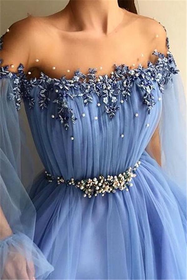 Glamorous Off-The-Shoulder Appliques Tulle A-Line Formal Dresses