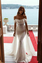 Glamorous Off-the-Shoulder Sequins Prom Dresses Mermaid With Ruffle